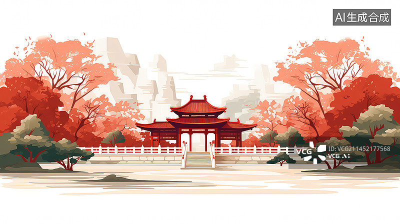 【AI数字艺术】秋季的皇家园林插画图片素材