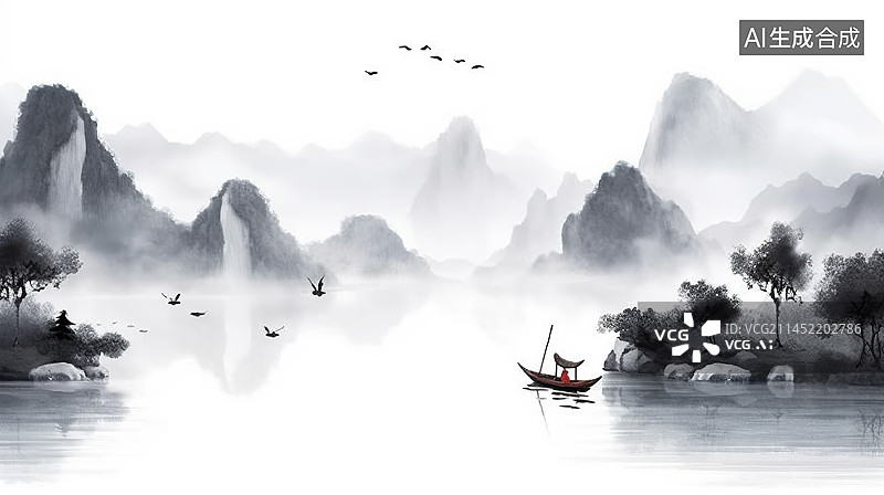 【AI数字艺术】中式水墨山水画风格背景图片素材