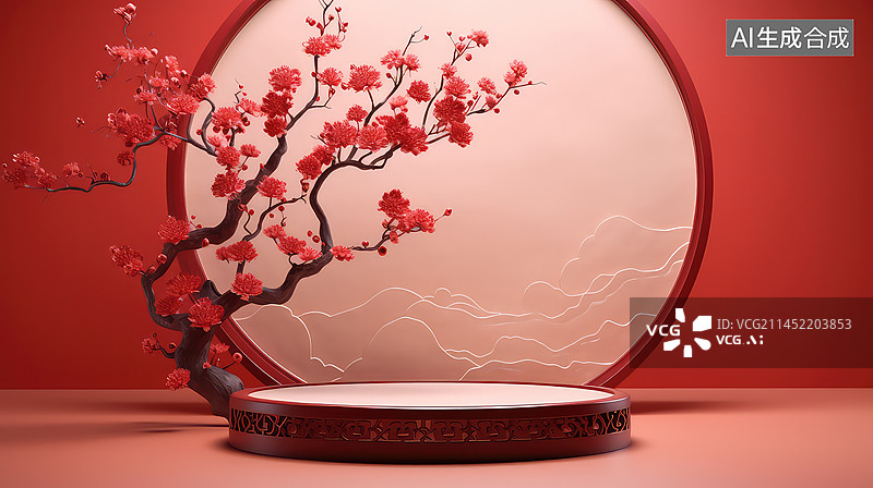 【AI数字艺术】中式风格的置物台，红色背景的电商产品展示图片素材