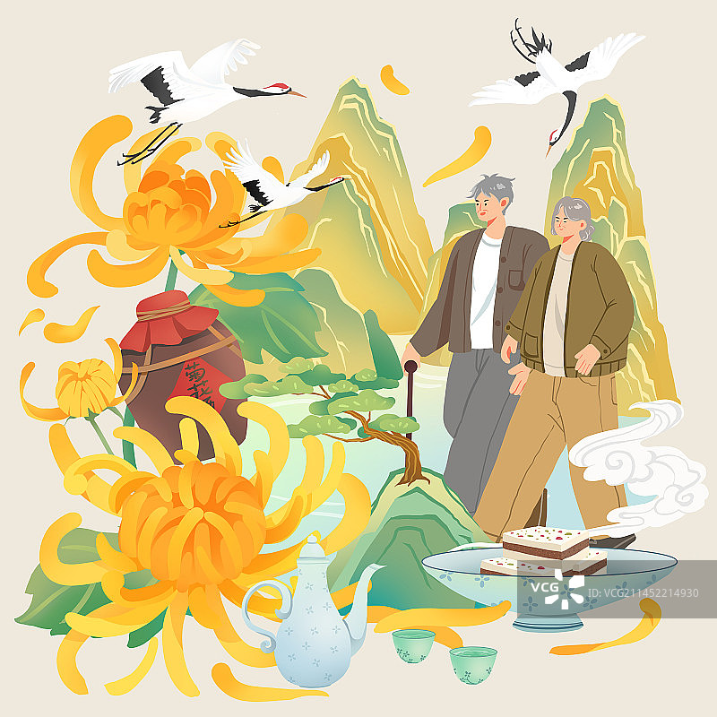 重阳节老人登高赏菊仙鹤飞升扁平风插画图片素材