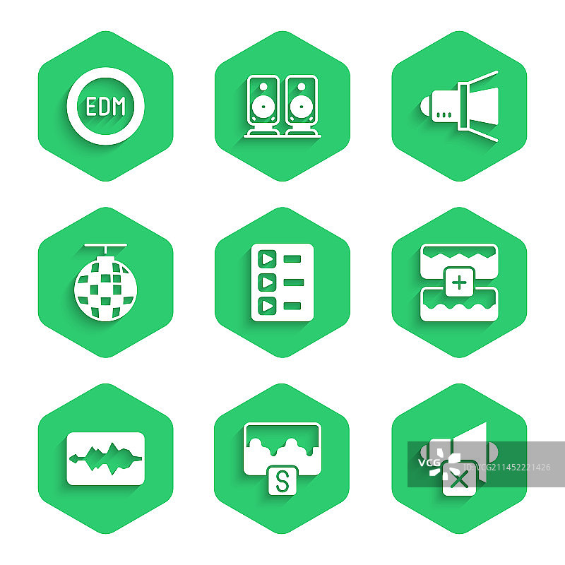 音乐播放列表套装：波形均衡器、扬声器、静音图片素材