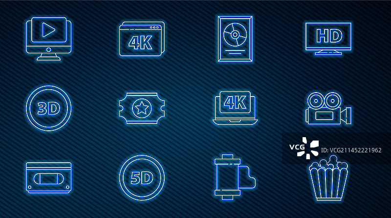 盒子里的爆米花、电影摄影机和CD光盘图片素材