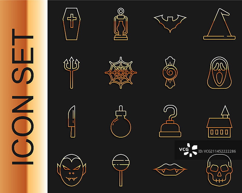 骷髅、城堡、滑稽和恐怖幽灵面具线条图标图片素材