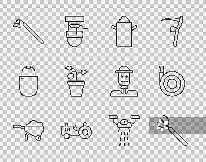 装满泥土的独轮车草耙线条组合图片素材