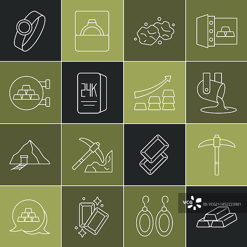 金条、鹤嘴锄与熔融金图片素材