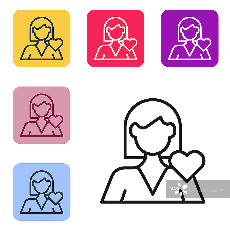 白色背景上的黑色线条浪漫女孩图标图片素材