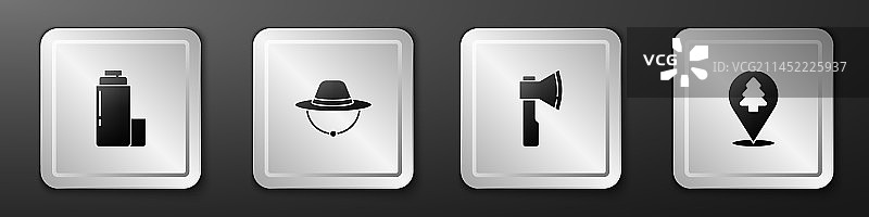 保温瓶套装：露营帽与木制斧头图片素材