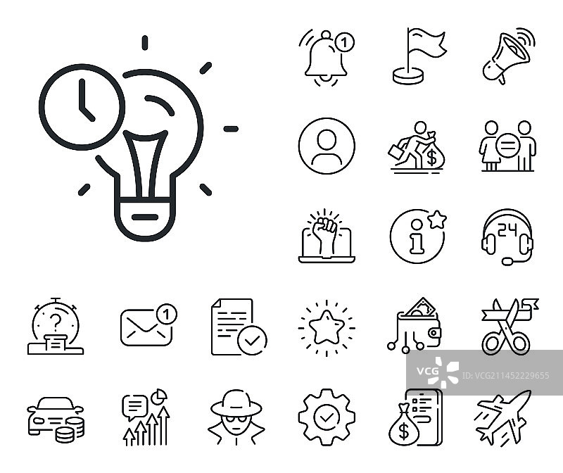 时间管理线性图标：想法和灯泡标志图片素材
