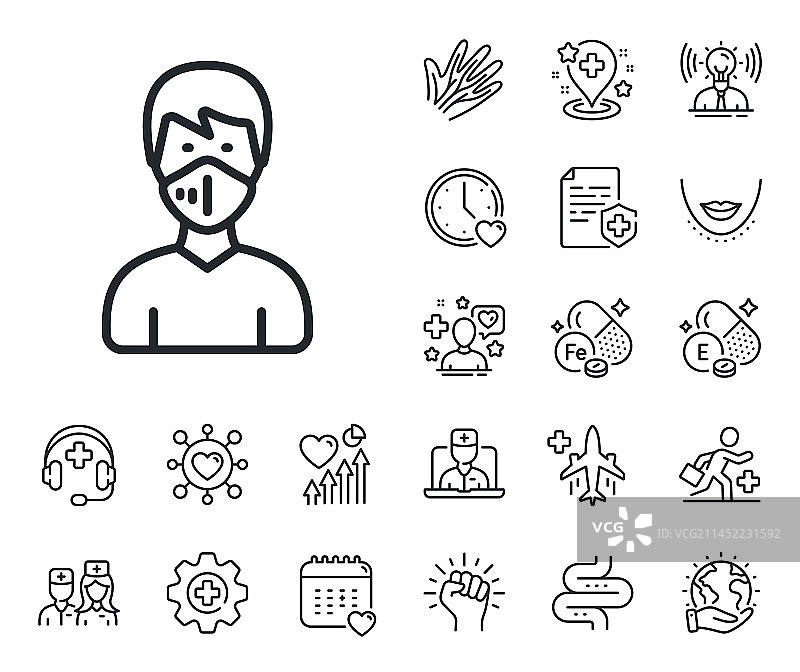 戴着医用口罩的男人线性图标：安全呼吸图片素材