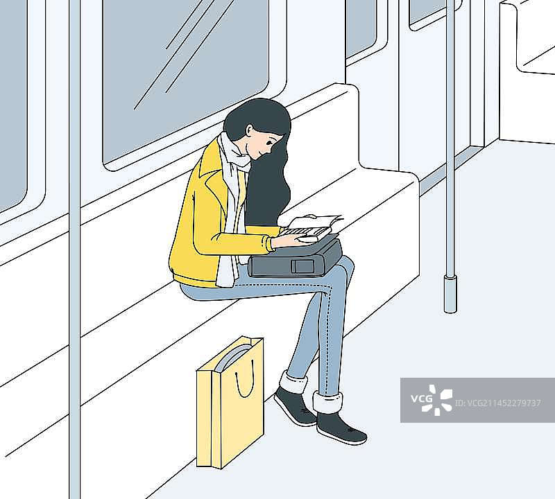 地铁车厢里，一个年轻的长发美女坐着看书矢量插画图片素材