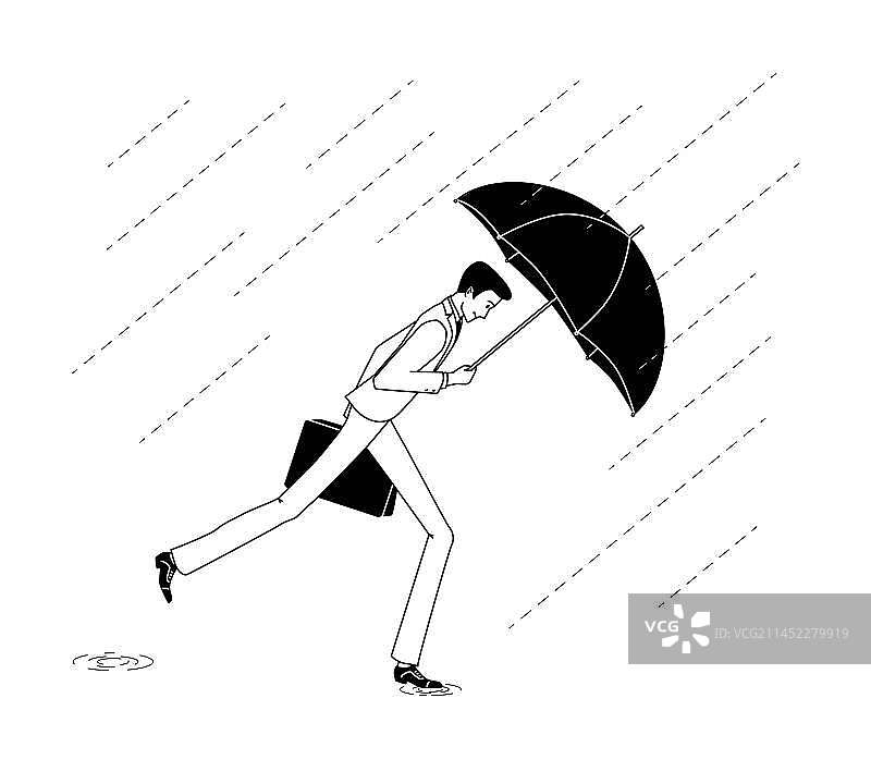 风雨中，一个穿西装的年轻男人手拿雨伞奔跑矢量插画图片素材