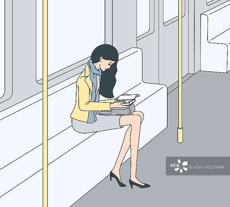 地铁车厢里，一个年轻女人坐着看书矢量插画图片素材