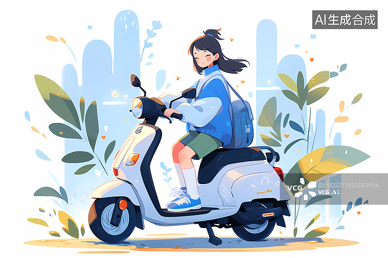 【AI数字艺术】年轻女性骑电动滑板车环保出行生活方式插画图片素材