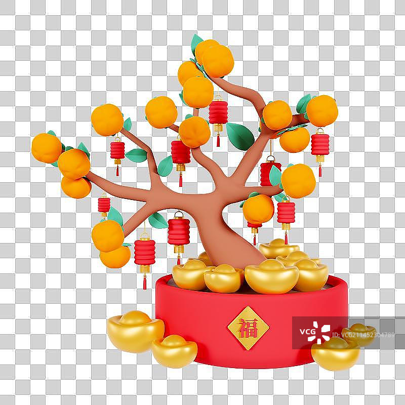 3D立体柿柿如意钱袋盆栽春节元素图片素材