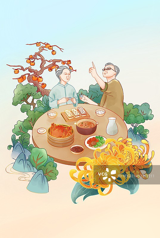 九九重阳节老人赏菊图片素材