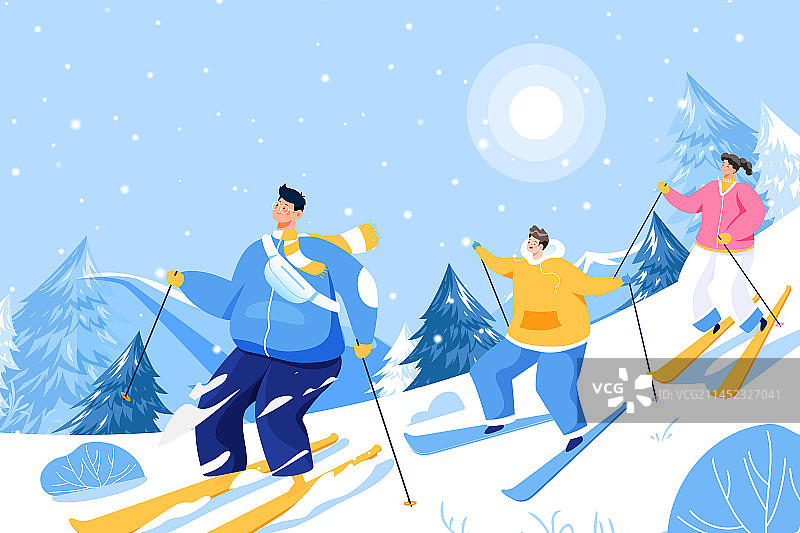 卡通冬季冬天冬至节气亲子家人旅游出行美食餐饮吃饭聚餐圣诞节平安夜电商滑雪户外旅行动车打车渐变矢量插画图片素材