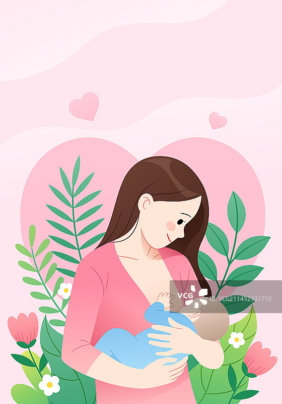 一位年轻母亲侧面抱着婴儿母乳喂养和花丛爱心矢量宣传插画海报图片素材