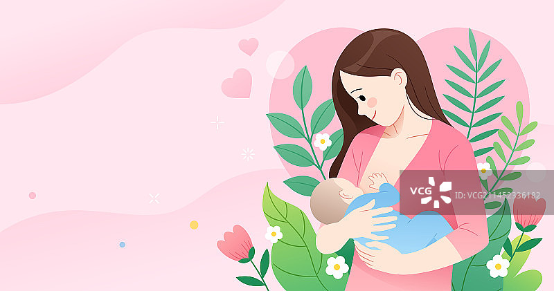 一位年轻母亲侧面抱着婴儿母乳喂养和花丛爱心矢量宣传插画横版图片素材