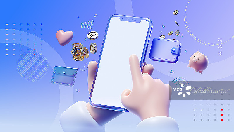 3D渲染卡通拿在手里的空白手机分层可编辑插画图片素材
