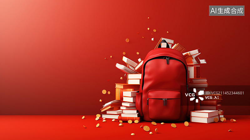 【AI数字艺术】红色的背景下书包书本教育概念图图片素材
