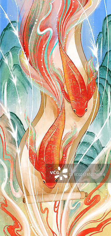 中国风水彩锦鲤插画图片素材