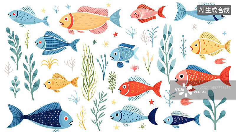 【AI数字艺术】一组海洋动物。蓝色水彩海洋鱼类，海龟，鲸鱼和珊瑚。贝壳水族馆背景图片素材