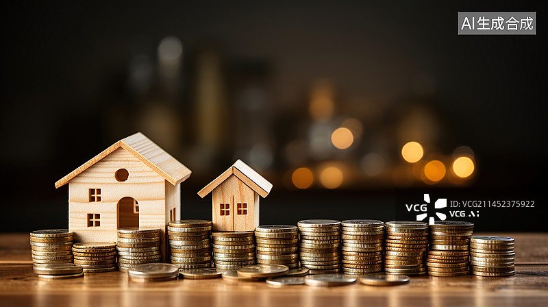 【AI数字艺术】模糊背景下的样板房和硬币的商业和投资增长概念图片素材