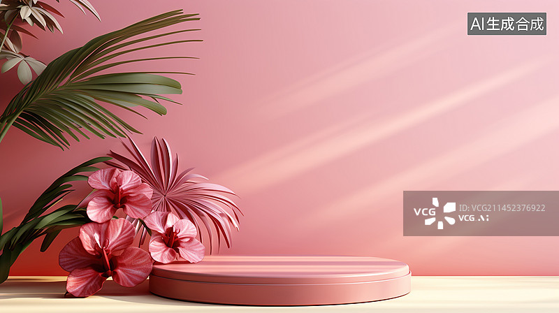 【AI数字艺术】3D渲染粉红色圆形电商展台图片素材