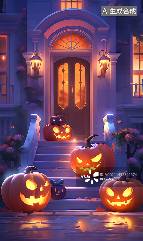 【AI数字艺术】南瓜灯光别墅万圣节插画图片素材