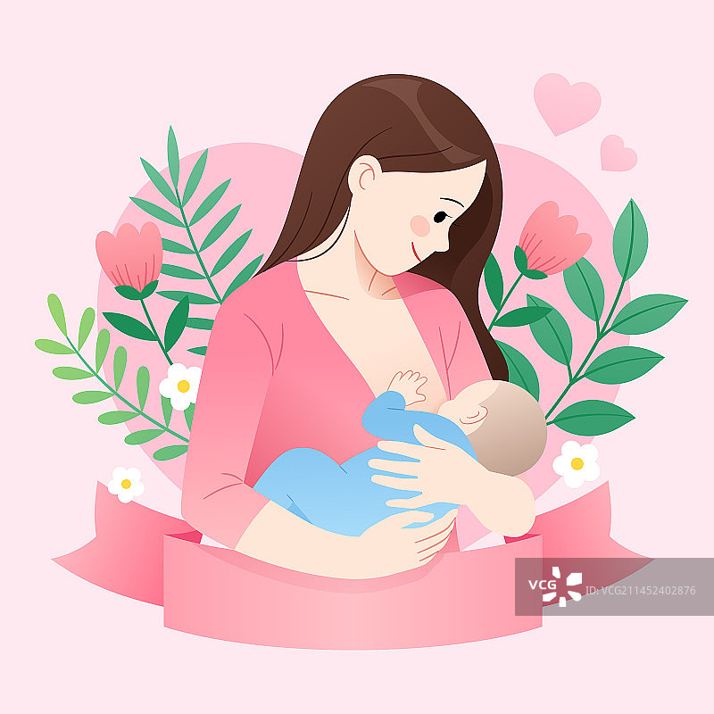 一位年轻母亲侧面抱着婴儿母乳喂养和花丛爱心丝带矢量宣传插画图片素材