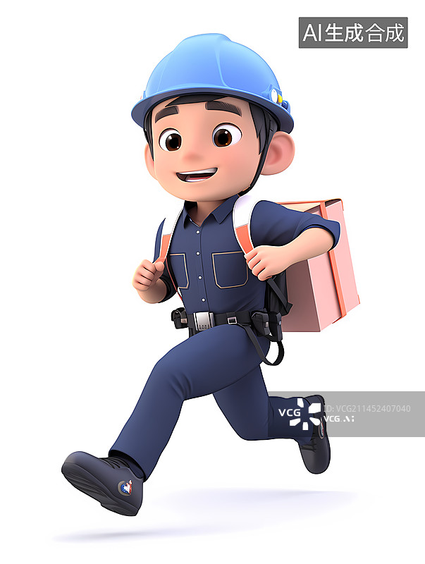 【AI数字艺术】深蓝色制服维修工背箱子奔跑姿势白色背景3D人物图片素材