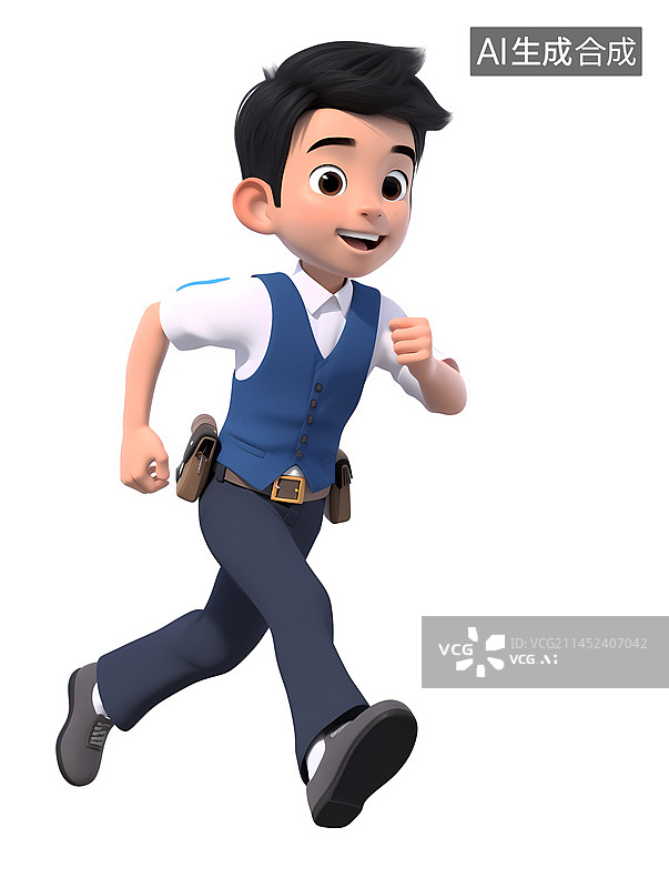 【AI数字艺术】深蓝色制服保安巡警奔跑姿势白色背景3D人物图片素材