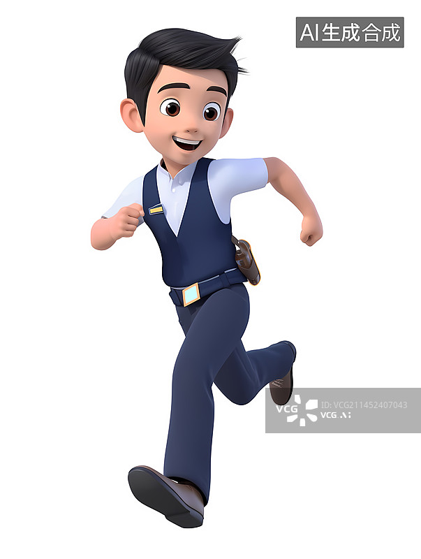 【AI数字艺术】深蓝色制服保安巡警奔跑姿势白色背景3D人物图片素材