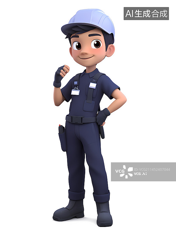 【AI数字艺术】深蓝色制服维修工自信站立姿势白色背景3D人物图片素材