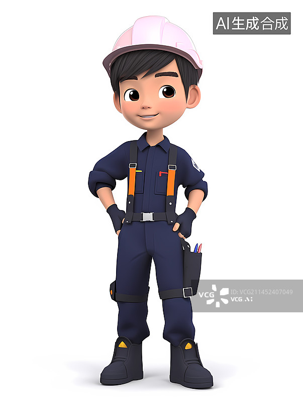 【AI数字艺术】深蓝色制服维修工自信站立姿势白色背景3D人物图片素材