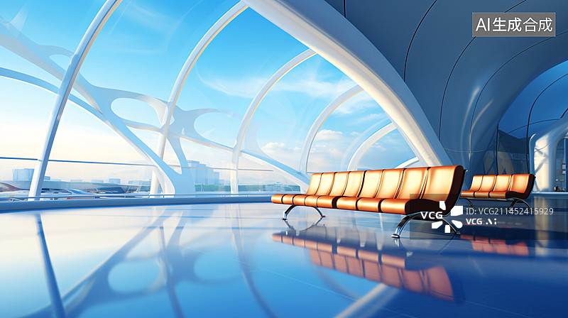【AI数字艺术】3D效果。现代机场客运大楼。空大厅内部图片素材