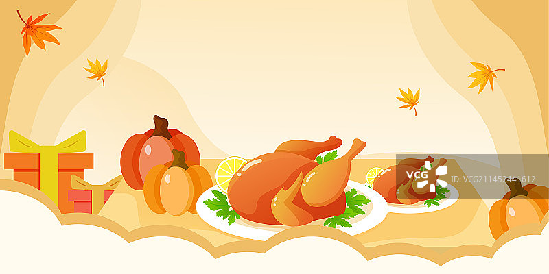 感恩节美食人物插画晚餐火鸡美味菜肴海报图片素材