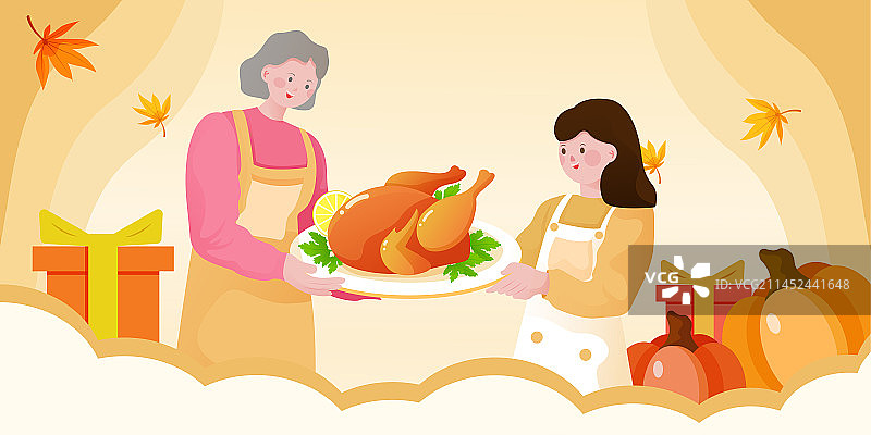 感恩节美食人物插画晚餐火鸡美味菜肴海报图片素材