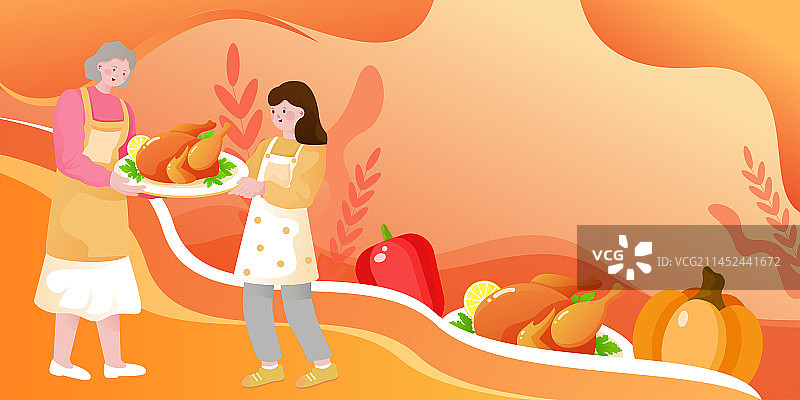 感恩节美食人物插画晚餐火鸡美味菜肴海报图片素材