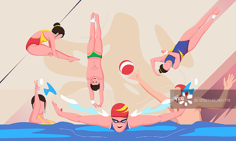 四个运动员正在游泳、跳水水上运动矢量插画图片素材