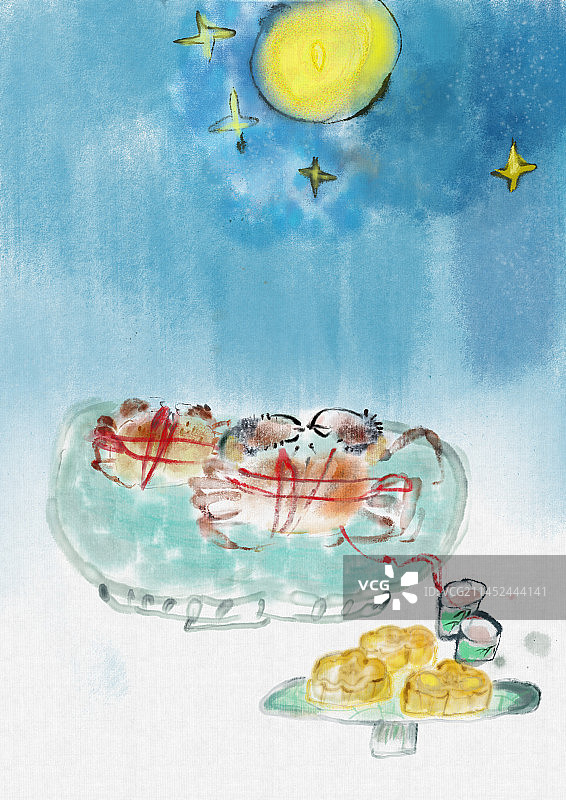 中秋节月饼螃蟹酒杯中秋节食物插画图片素材