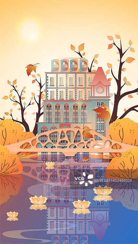 青岛秋天的啤酒博物馆珊瑚贝壳桥矢量插画图片素材