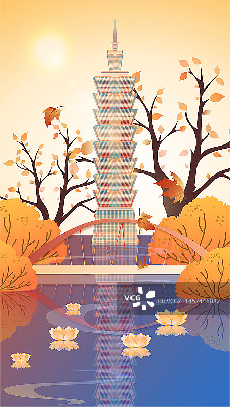 中国台湾秋天的101大厦彩虹桥矢量插画图片素材