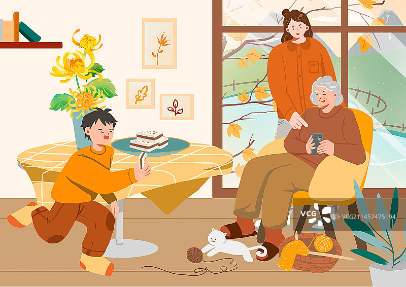 重阳节一家人吃菊花糕图片素材