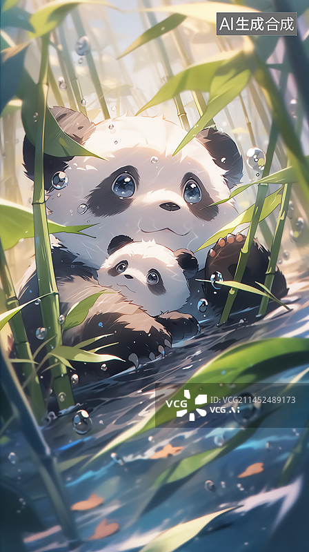 【AI数字艺术】竹林水中的熊猫图片素材