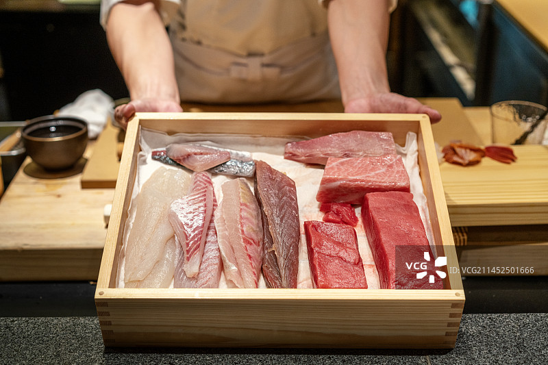 木盒里多样的海产鱼类特写图片素材