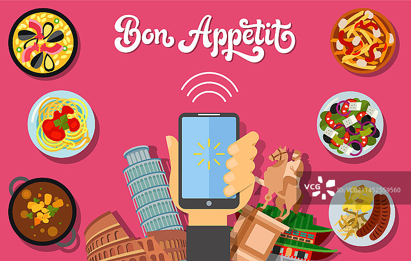 祝您好胃口，手机与餐具排版设计图片素材