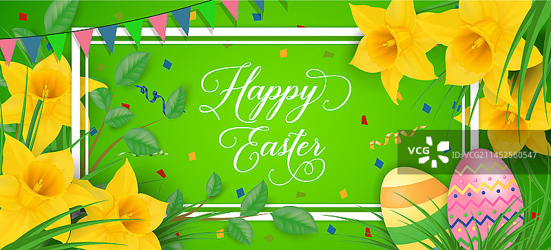 框架中复活节快乐字母和黄水仙图片素材