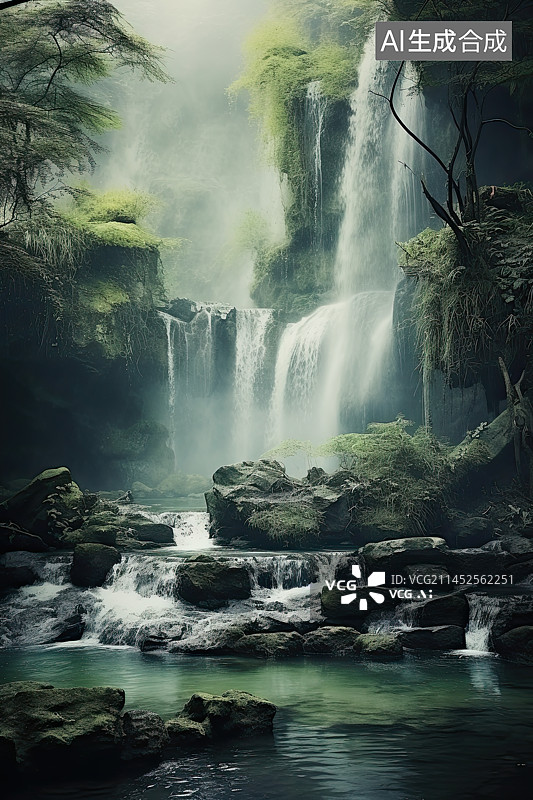【AI数字艺术】山中的瀑布图片素材