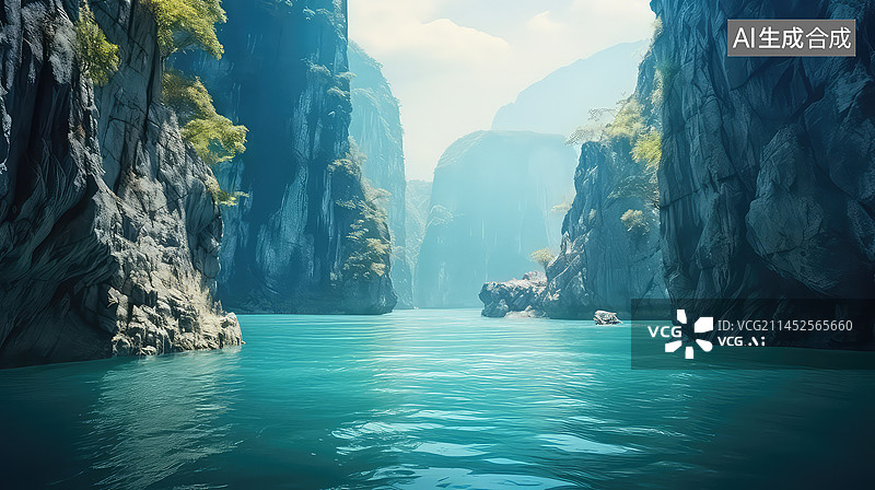 【AI数字艺术】峡谷山水，中式风格的插画图片素材